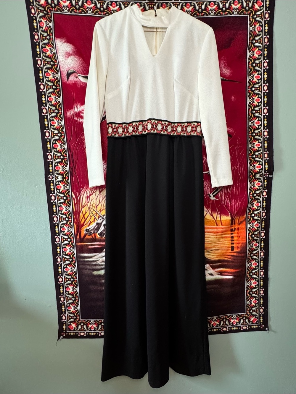 vintage 70s cutout neckline maxi dress gown w/bohemian trim
